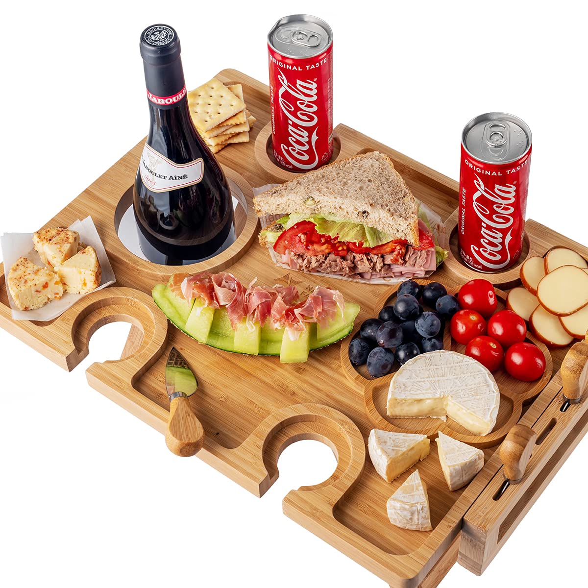 [Nature Factory] Wine Picnic Table with Bottle and Glasses Holder, Wooden Appetizer Serving Tray, Cheese Knives, and Travel Storage Bag for Outdoor Events, Parties, and Holiday Hosting (Model B)