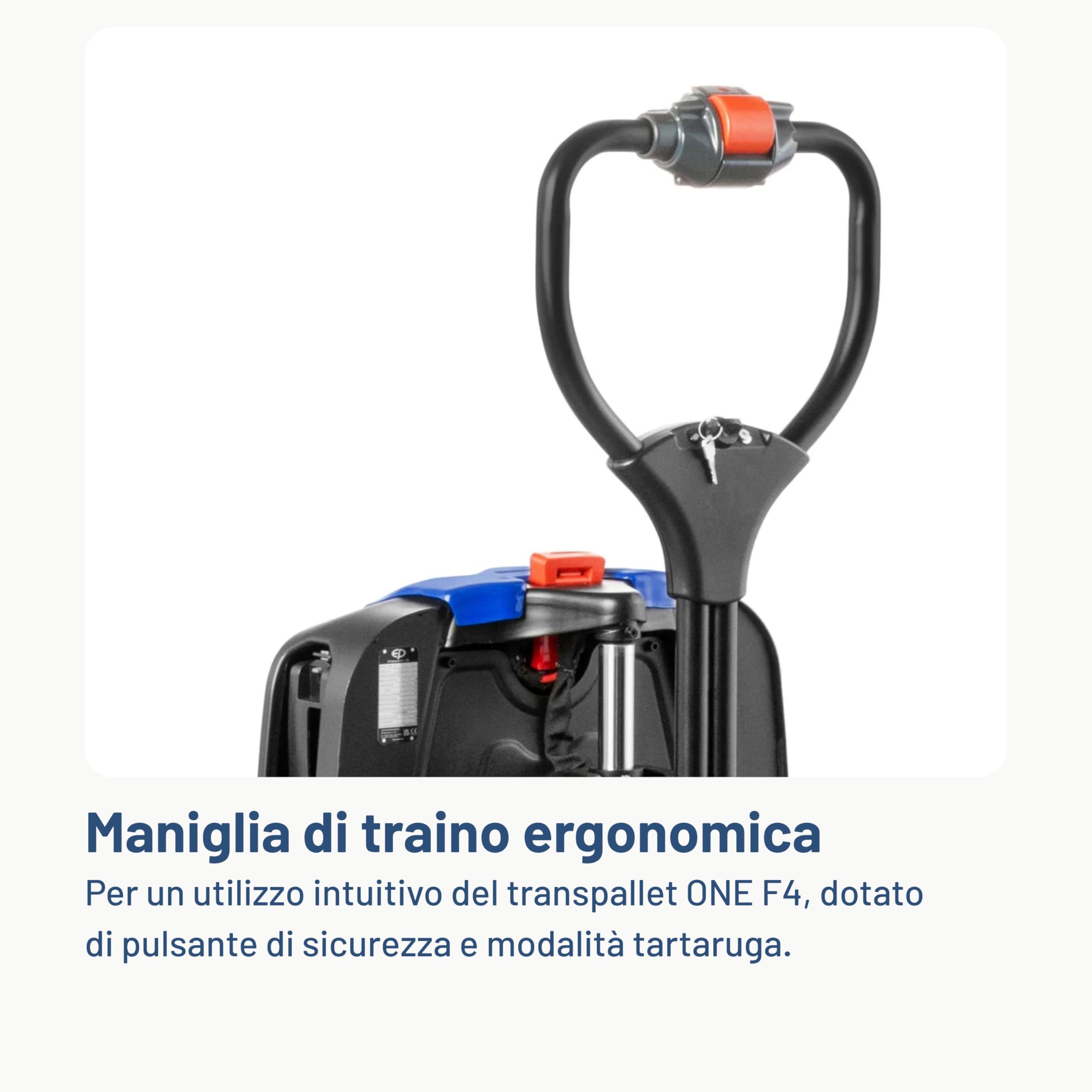 Pallit Transpallet Elettrico 1500 kg ONE-F4 con Batteria Litio 20 Ah, Carrello Elevatore Compatto per Spazi Stretti, Muletto Elettrico Sicuro con Rulli di Supporto