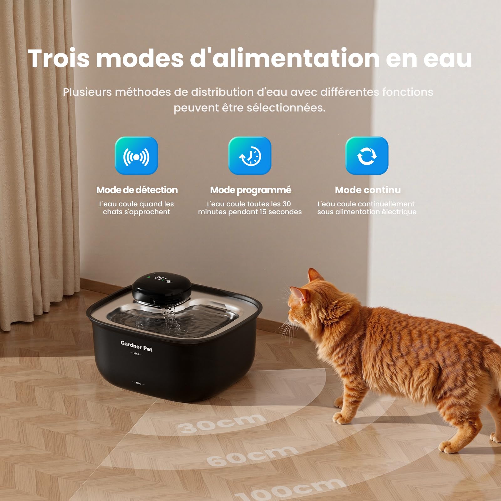 Gardner Pet Fontaine à Eau pour Chat et Chien sans Fil en Acier Inoxydable 3.78L, Distributeur d'eau Automatique à Pile avec Capteur de Mouvement, Affichage de Température et Filtration - Noir