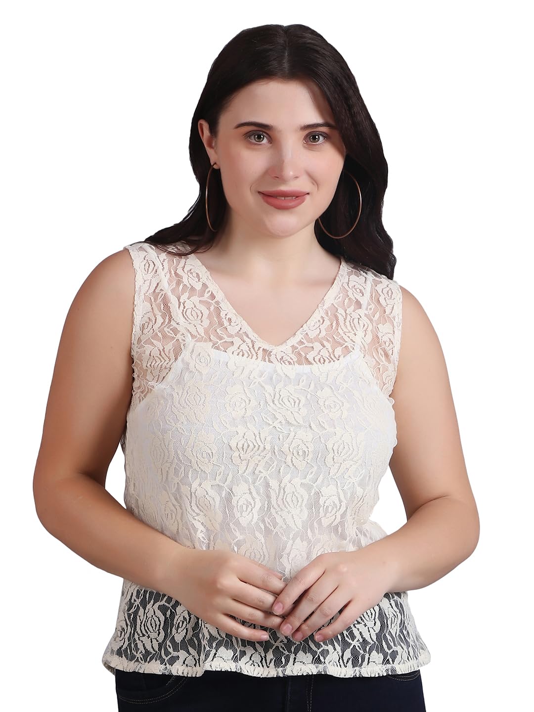 dressitude Women's Cotton V-Neck Self Design Sleeveless Lace Top with Camisole, Cream-picture-33
