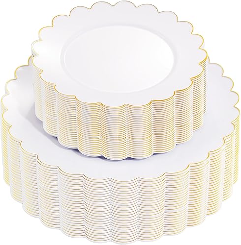 supernal 100 platos de plástico dorados, platos desechables de color blanco y dorado para fiestaboda, incluyen 50 platos llanos dorados de 10.25
