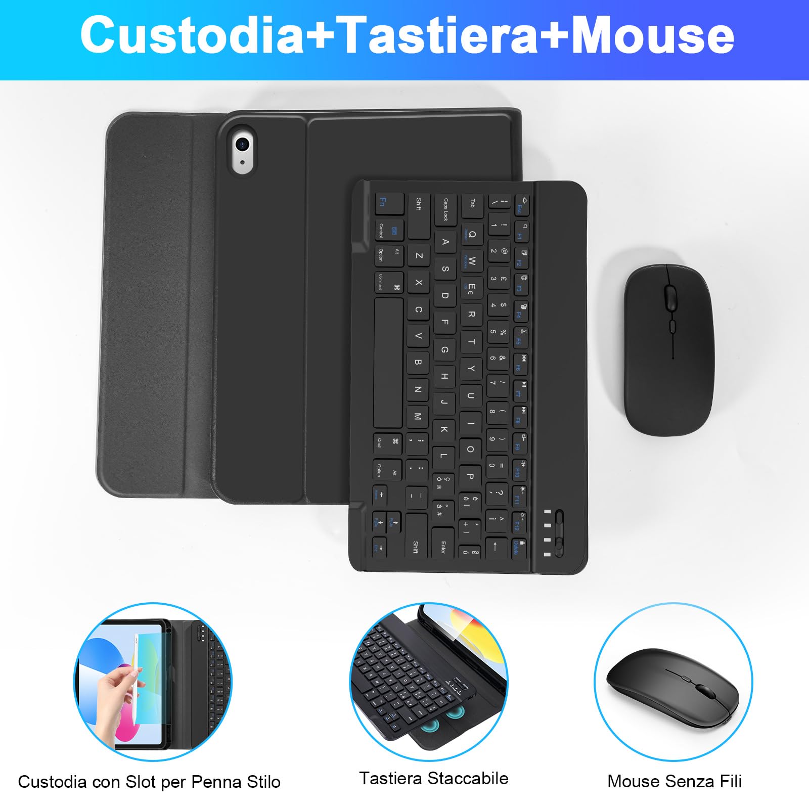SOPPY Custodia con Tastiera e Mouse per iPad 11a Generazione (A16) 11 Pollici 2025, 10a Gene 10,9 Pollici 2022, cover Protettiva Staccabile, con Slot per Penna Stilo, Layout Italiano - Nero
