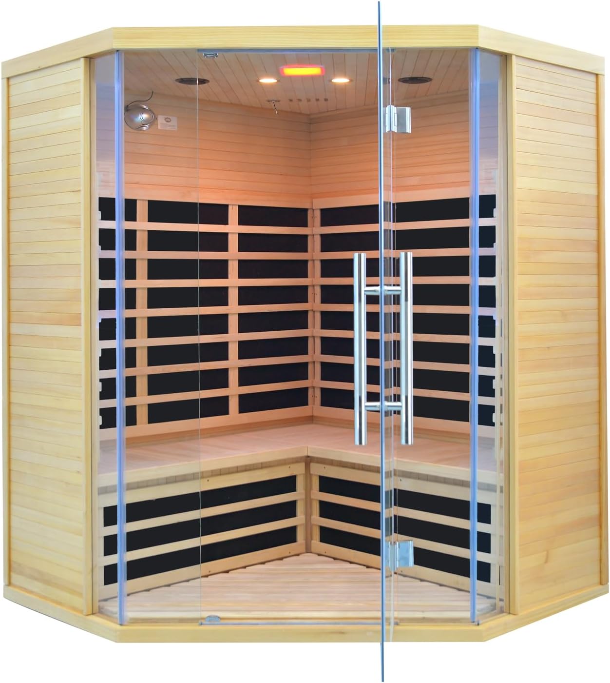 Homsido 3-4 Person Far Infrared Sauna, Hemlock Indoor Corner Sauna Room Home Sauna with Low EMF Far Infrared Carbon Panel Tempered Glass Door,Bluetooth Speakers Chromotherapy Lights（220V, 2880W）