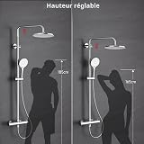 Rainsworth Système de douche avec thermostat chromé - Kit complet avec pommeau de douche rond de 25 cm - Pommeau de douche à 3 types de jet - Hauteur réglable de 92 à 126 cm - Douche à effet pluie - 3