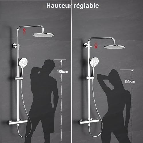 Rainsworth Système de douche avec thermostat chromé - Kit complet avec pommeau de douche rond de 25 cm - Pommeau de douche à 3 types de jet - Hauteur réglable de 92 à 126 cm - Douche à effet pluie - 3