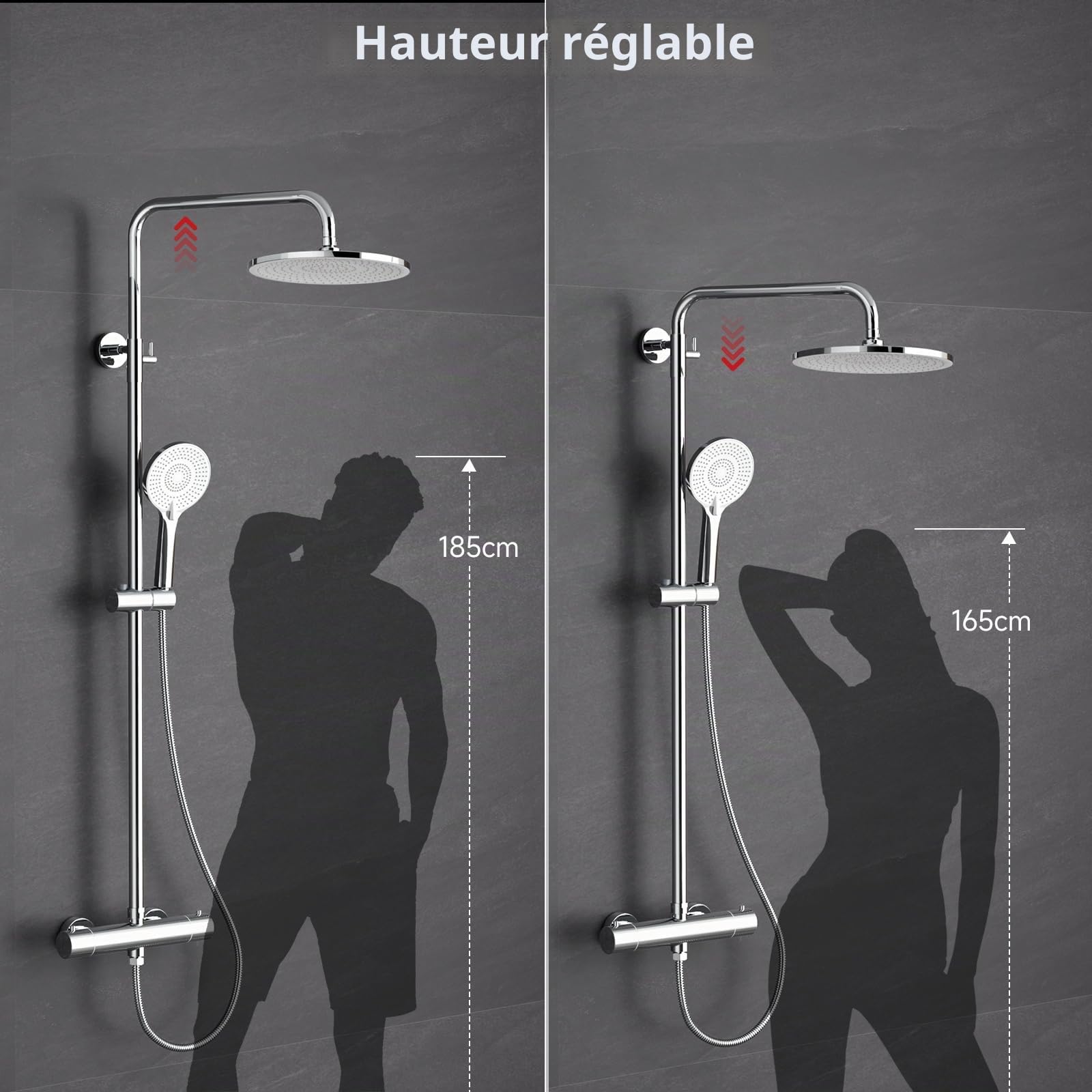 Rainsworth Système de douche avec thermostat chromé - Kit complet avec pommeau de douche rond de 25 cm - Pommeau de douche à 3 types de jet - Hauteur réglable de 92 à 126 cm - Douche à effet pluie | Mitigeur de douche complet avec douchette à 3 jets, barr