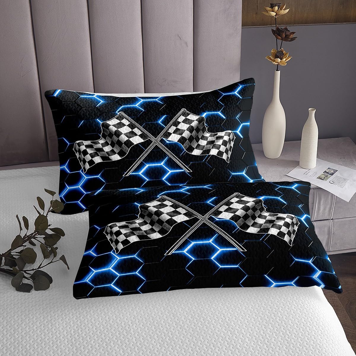 Race Car Gaming Bedding Set King Size for Kids Boys Glowing Honeycomb Bedspread 3pcs Black White Neon Blue Comforter Set Teens Fashion Sports Car Raceing Quilt Set with 2 Pillowcases