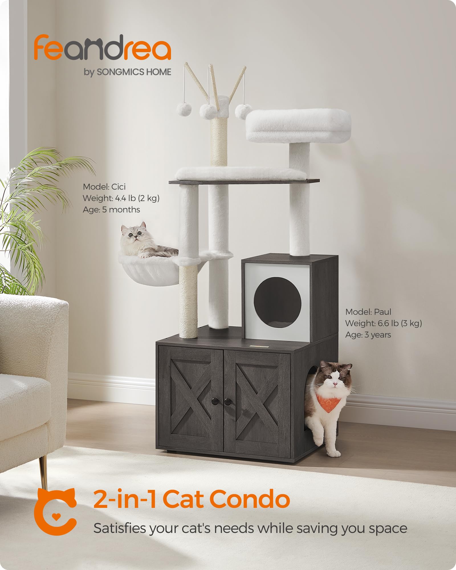 Feandrea Kratzbaum mit Katzentoilette, 150 cm, moderner Katzenturm, 2-in-1-Höhle mit Kratzstämmen, waschbares, abnehmbares Kissen, Misty Gray UPCT113G02