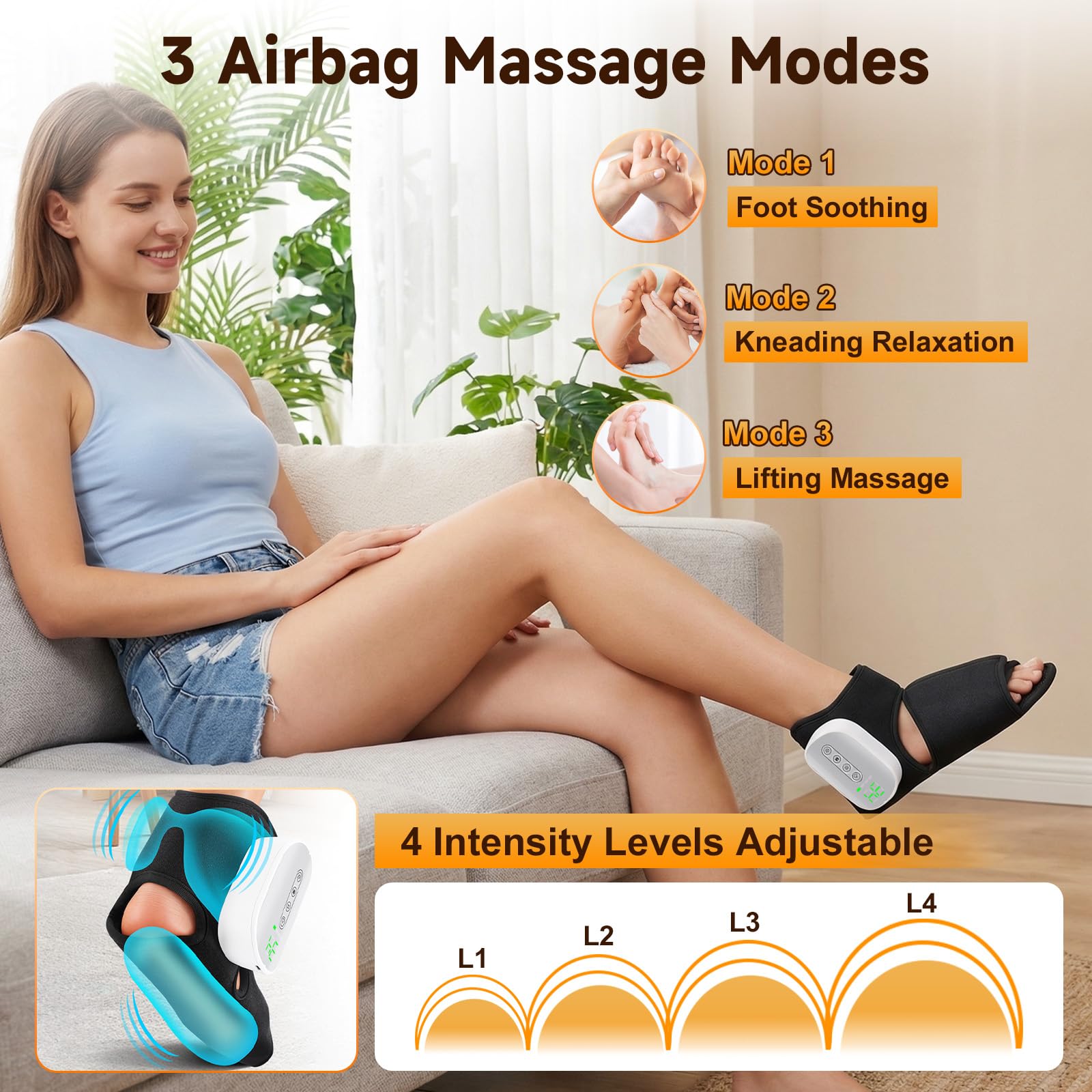 Fußmassagegerät Kabellos mit Wärme & Luftkompression, Fuß Massagegerät | Fußmassagegeräte Knöchel ,3 Modi 4 Intensitäten, 3000mAh Wiederaufladbar, Fußwärmer gegen Plantarfasziitis Müdigkeit