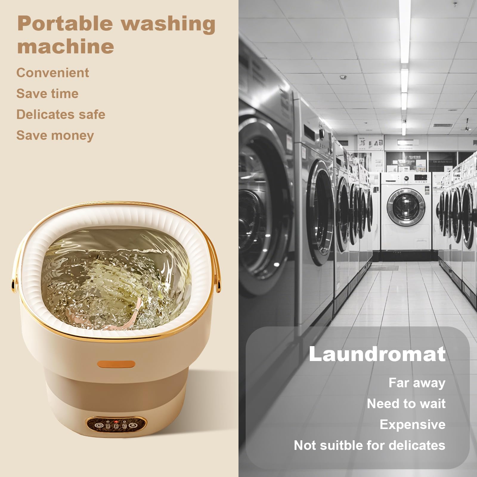 GarveeHome Mini Waschmaschine, 13L Faltbare Camping Waschmaschine mit Schleuder, Washing Machine Tiefenreinigung Von Reisewaschmaschine für Schlafsäle, Wohnmobil, Wohnungen,Beige