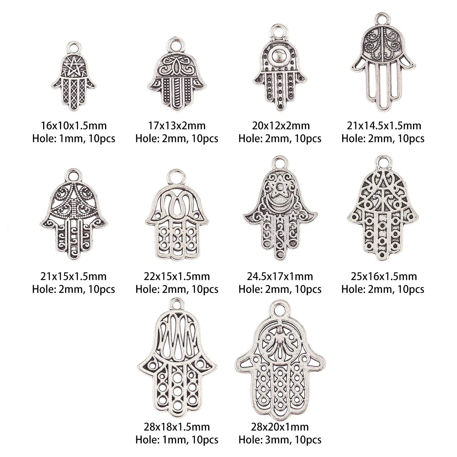 Airssory 100 Pcs 10 Styles Vintage Hamsa Hand Tiny Charms Hand of Miriam Pendant Collection Bulk for Jewellery Making DIY Crafts - Image 3