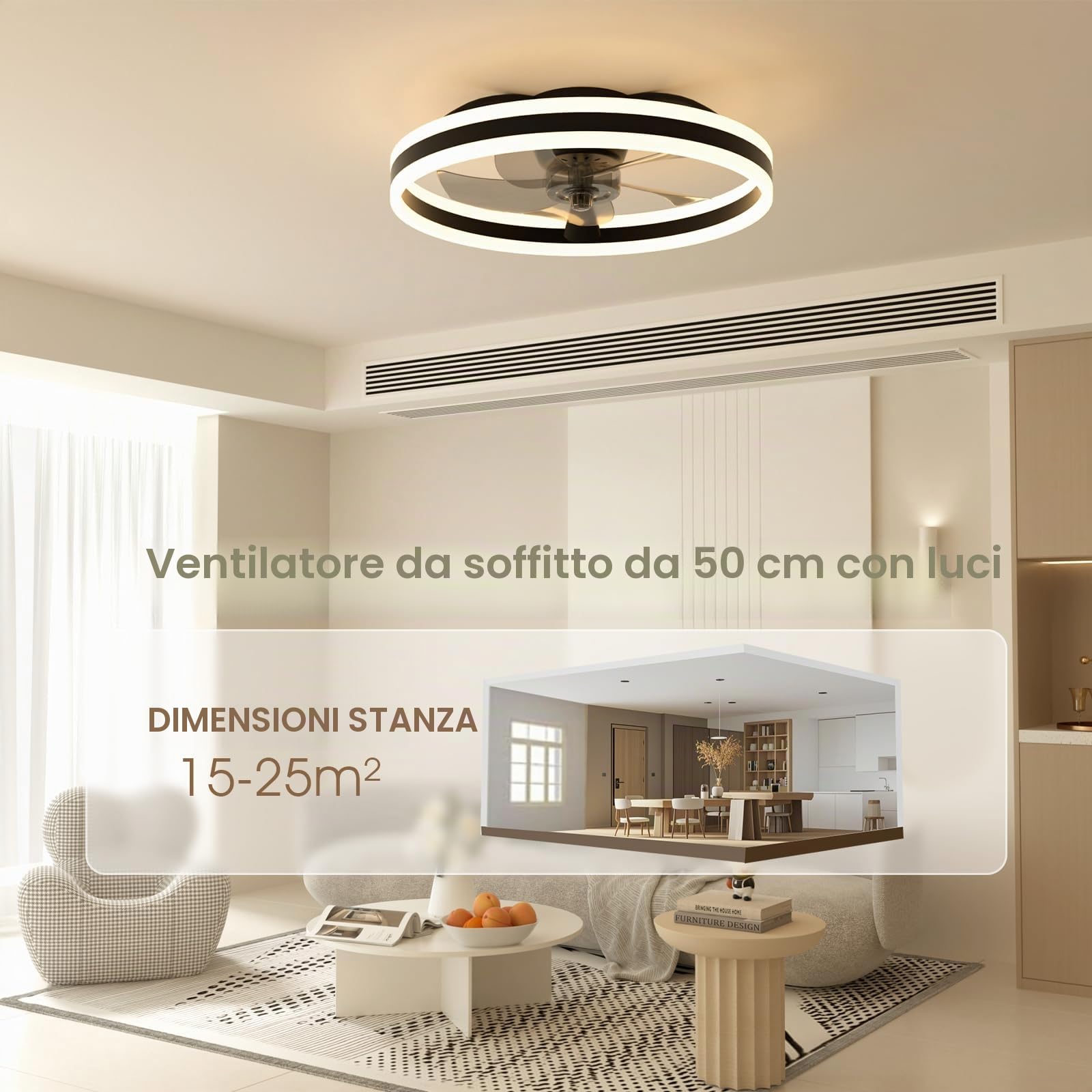 NIORSUN Ventilatore da Soffitto da Con Llluminazione, 3000-6500K 6 Velocità del Vento Regolabile, Dimmerabile, Luce LED da 50cm, Con Telecomando e App, Modalità Estate e Lnverno, Timer,Nero
