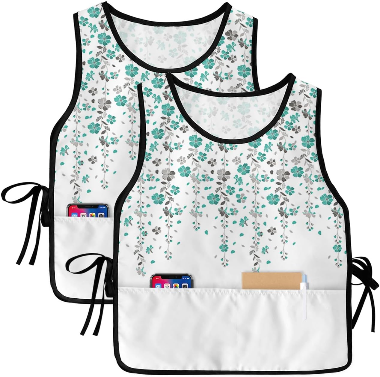 Floral Leaf Cobbler Aprons with 2 Pockets for Women Men, Summer Fall Teal Leaves Flower Watercolor White