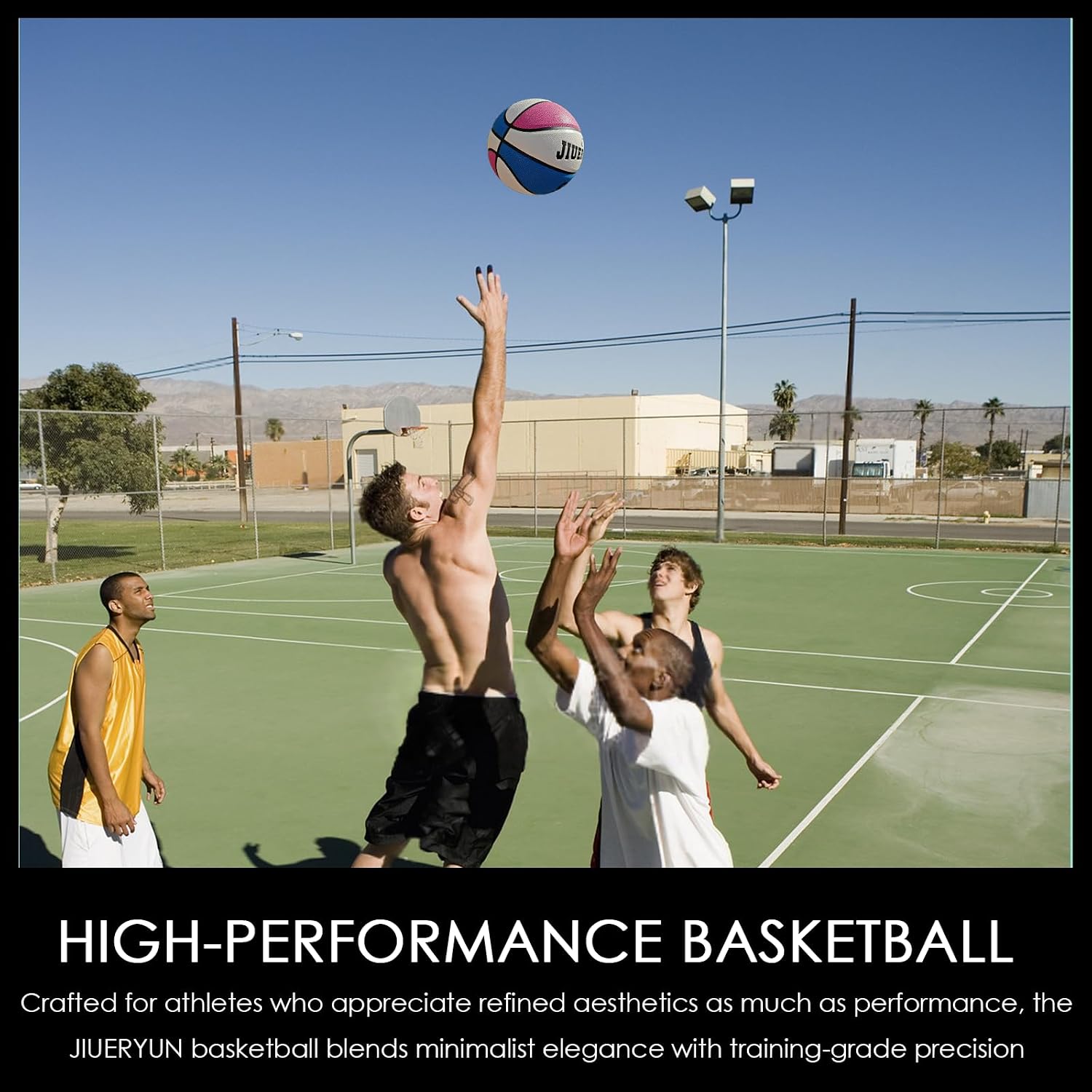Indoor Outdoor Basketball, Size 7, PU Leather, Black Yellow Blue, Crown Design, Deep Groove Pattern, Anti-Slip Grip