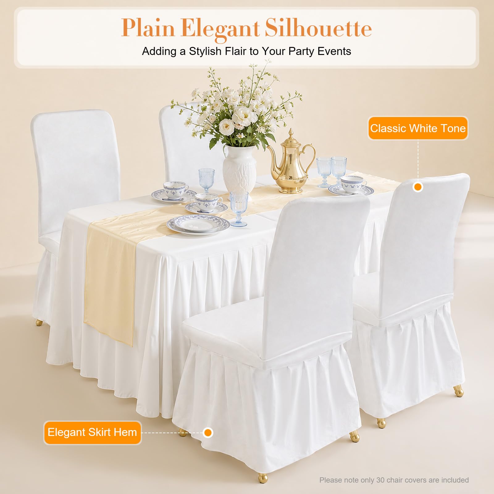 30 fundas protectoras para sillas con falda, para bodas, fiestas, hoteles, restaurantes (blanco)