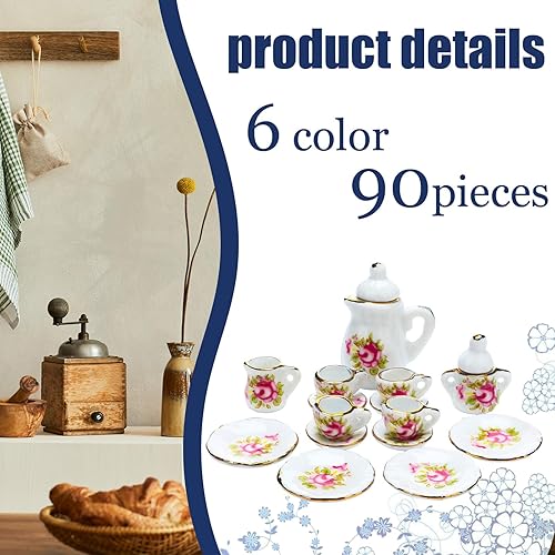 Miniatura 4 de Shappy 90 piezas 1 12 escala casa de muñecas miniatura porcelana taza de té de Navidad incluye mini patrón flor patrón tetera taza platos para casa