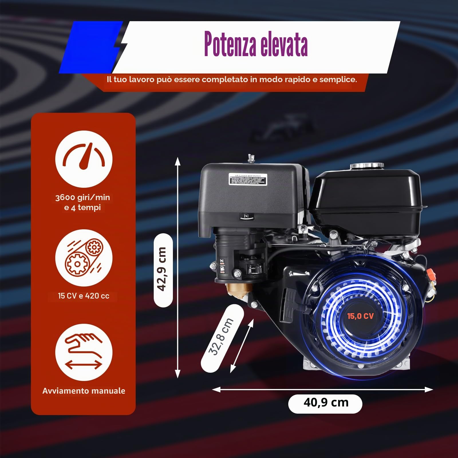 Motore a benzina 420CC, 15 CV, 9,7 KW, motore fisso, motore per kart, motore a 4 tempi, avviamento elettrico, raffreddamento ad aria, motore a quattro tempi
