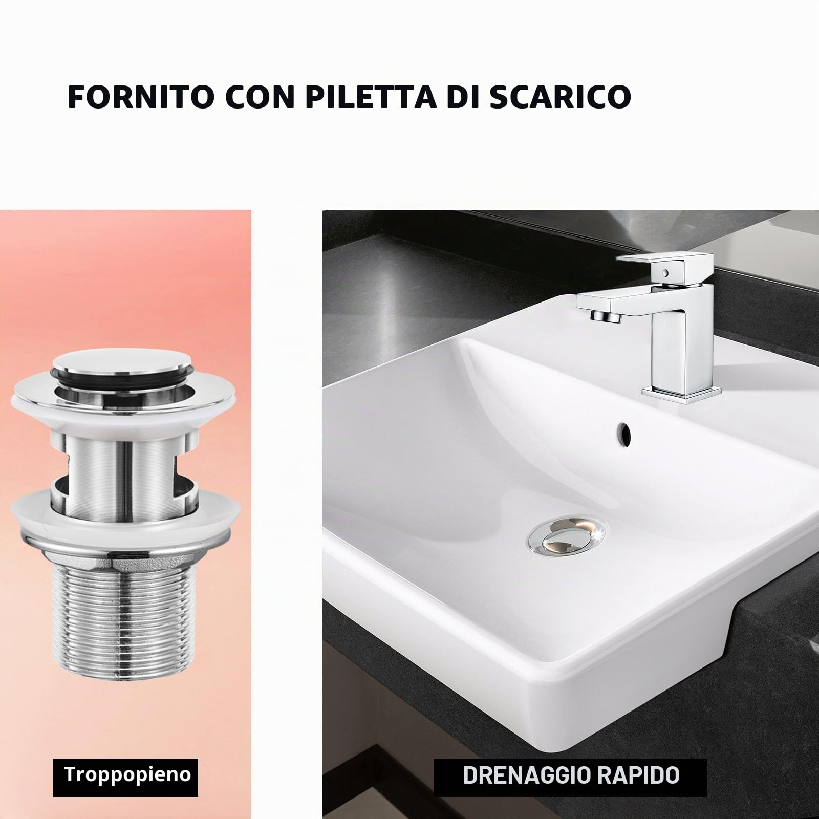 Hapilife Rubinetti per lavabo quadrati con scarico pop-up per lavabo da bagno con tubi standard del Regno Unito, miscelatore monocomando per lavabo caldo e freddo per bagno