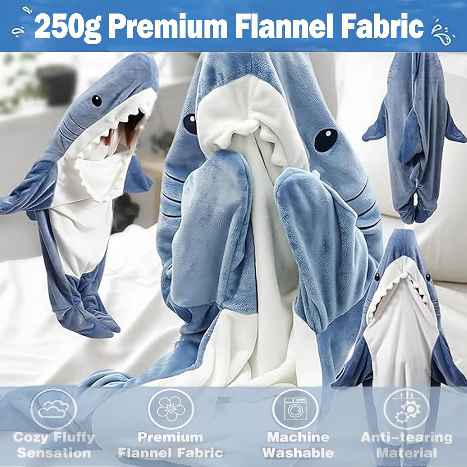 DDMY Shark Blanket, M Flannel Cozy Shark Blanket Hoodie Onesie, Shark Onesie Adult Soft Skin-Friendly Warm Sleeping Bag Shark Blanket Hoodie for Kids - Image 3