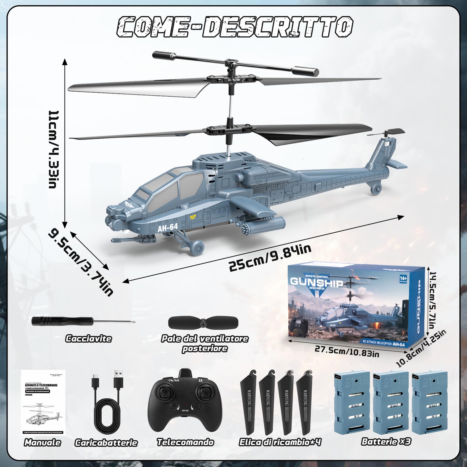 Charmofun Elicottero Telecomandato, 2.4Ghz Elicottero Radiocomandato con Luce e 3 batterie, 40 Minuti di Volo, 3.5 Canali Elicotteri RC, Aereo Telecomandato Regalo per Bambini da 8+ Anni (Blu)