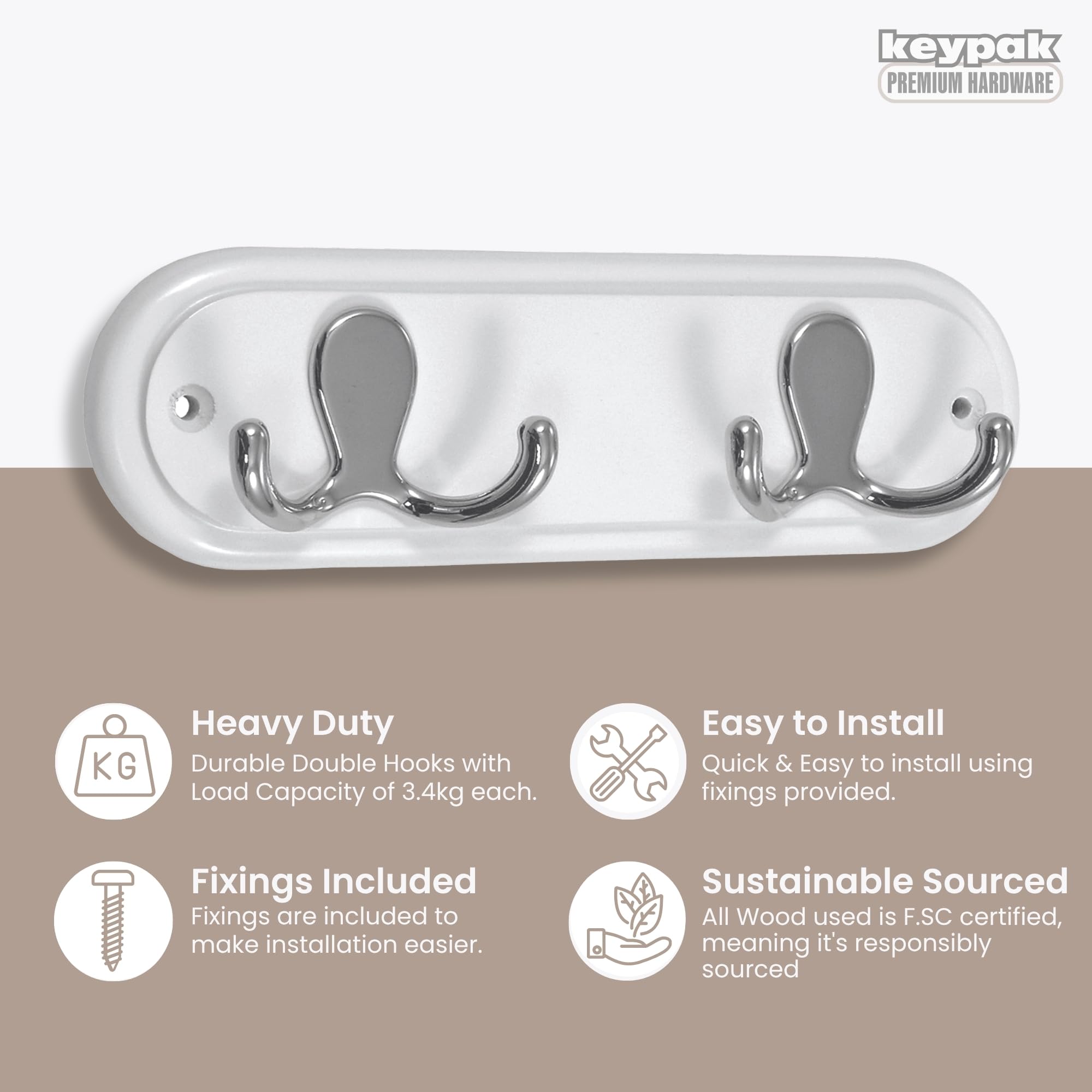Headbourne Hr4069H Patère En Bois Blanc Avec 2 Crochets Doubles Chromés