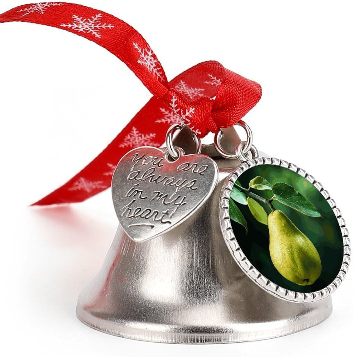 Pears on The Tree Christmas Bells Ornaments with Wings & Heart Silver Bell Pendant for Christmas Tree Home Door Mantle Fireplace Decoration