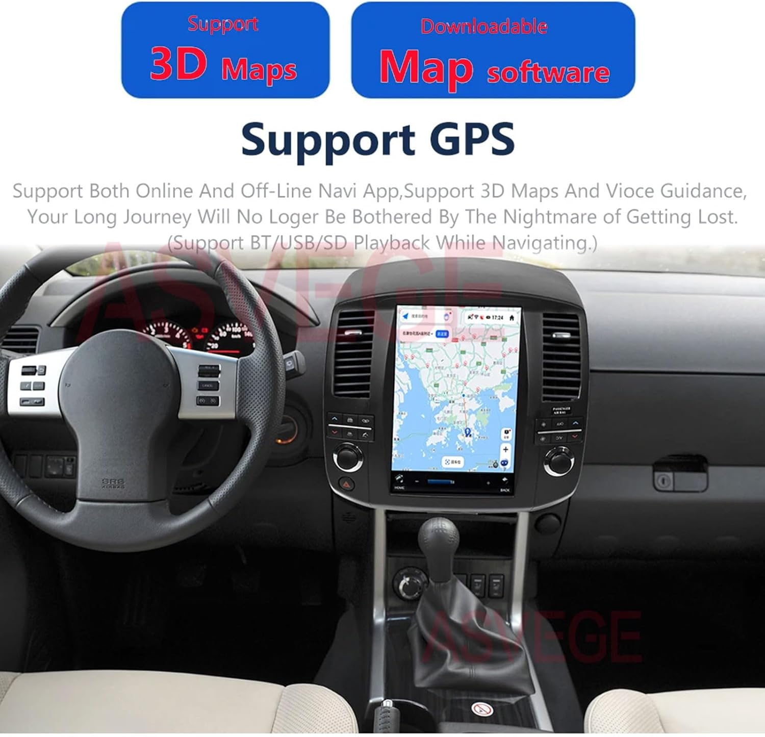 The ASVEGE Android Car Radio displaying a GPS navigation map, with icons for 3D Maps and downloadable map software, emphasizing support for both online and offline navigation.