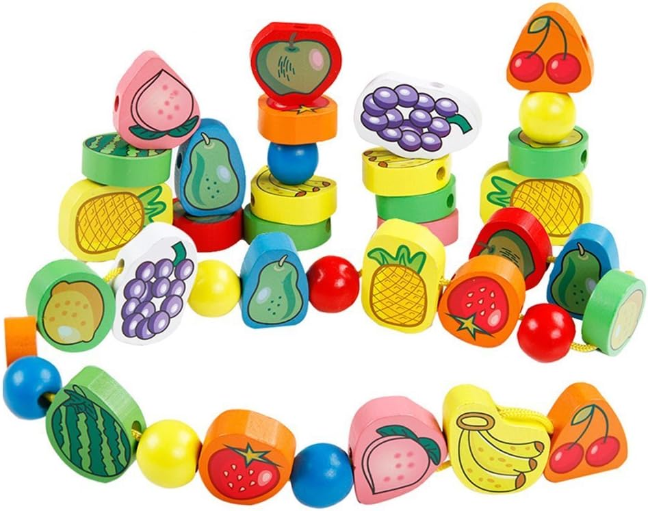 Wood - 56 Piece Fruit Bead Game Lacing Toy Stringing Beading Game Early Educational Toys Kids 3+ Years, Multi-coloured