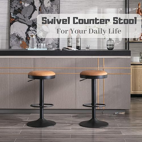 Miniatura 4 de CIMOO Juego de 4 taburetes de bar redondos ajustables para encimera de cocina silla giratoria de altura de bar silla de isla industrial de piel