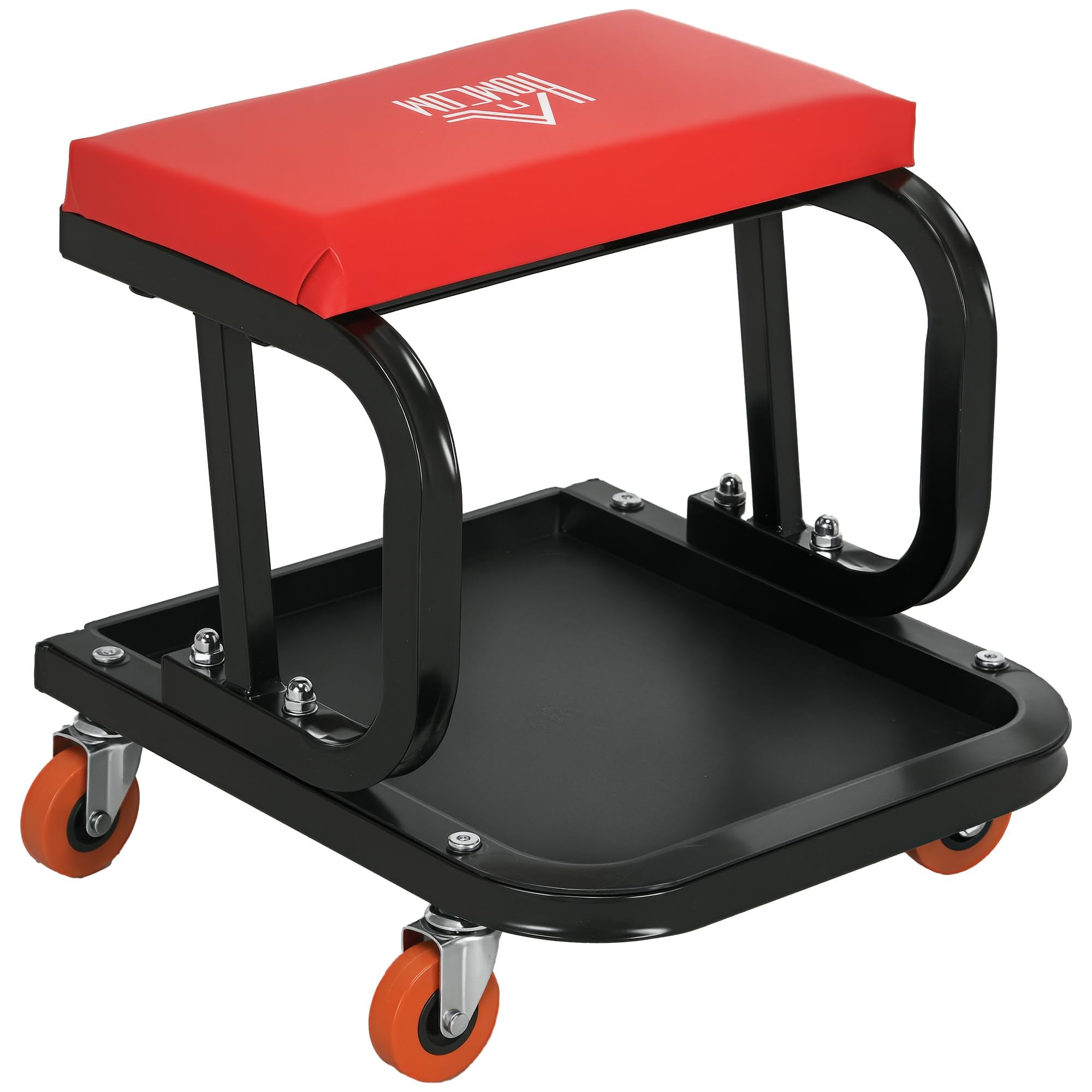 HOMCOM Workshop Stool, Rolling Machine Stool with 360° Swivel, Padded Seat, Tool Tray, for Garage, Workshop, Auto Repair, Red