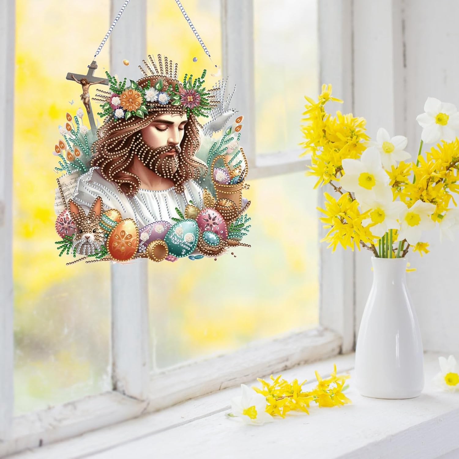 ARTopet 4Pcs DIY Diamond Pendant Ornament Easter Jesus Egg Special Shaped Crystal Diamond Art Painting Hanging Single Sided for Home Garden Wall Door Decor