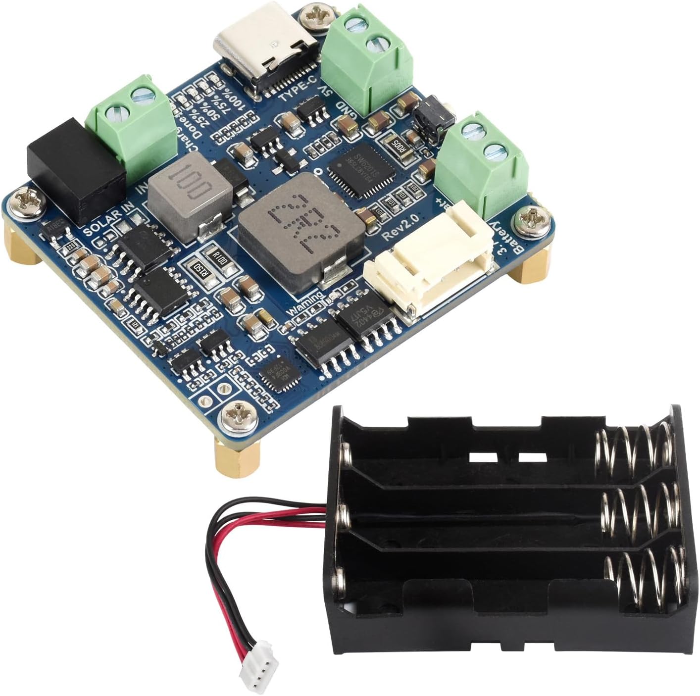 Waveshare Solar Power Manager Module (D), Support 6 V ~ 24 V Solar Panel & Type-C Power Adapter, 5 V/3 A Output, Solar Controller USB, MPPT Solar Charger, with Batt Holder (batt are not included)