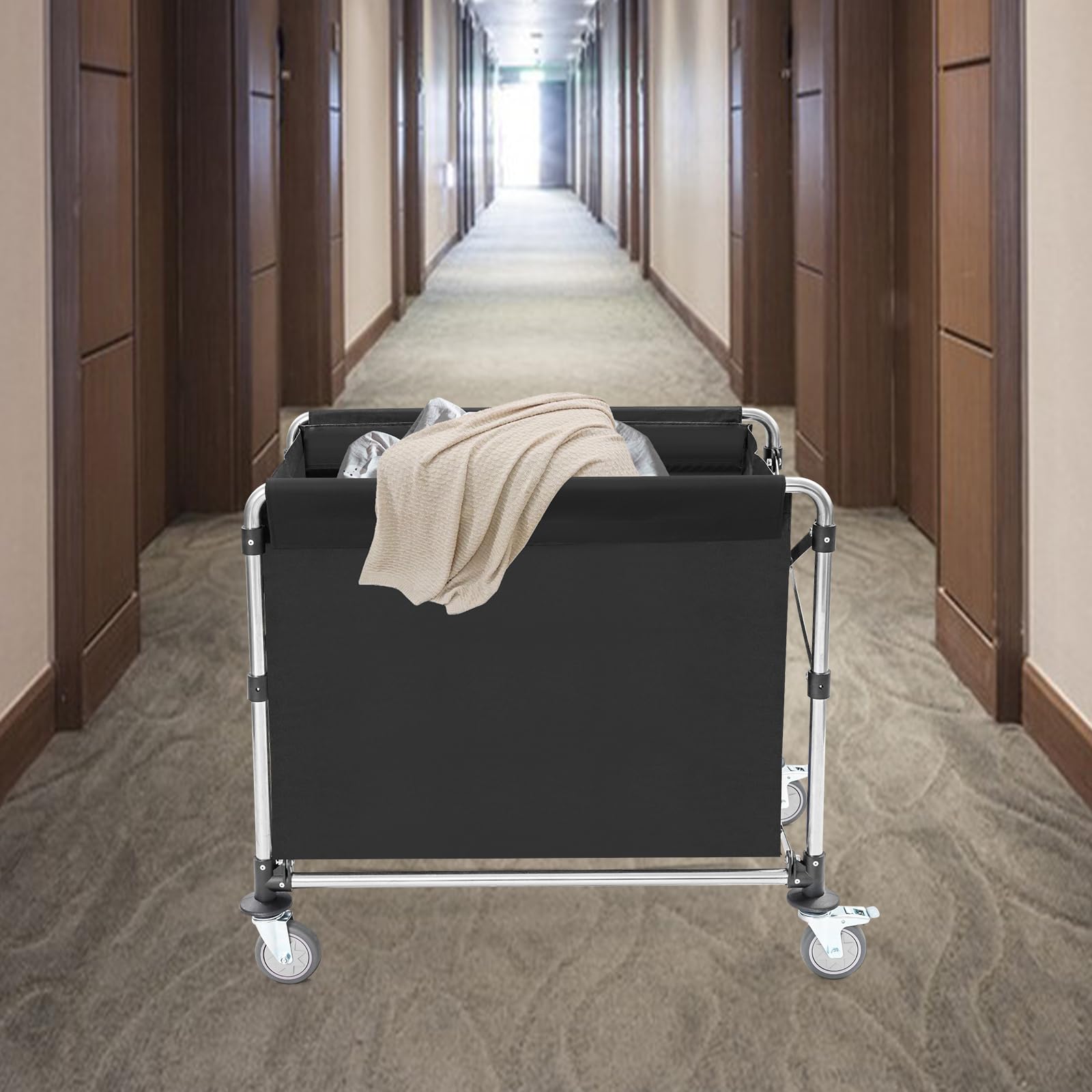 Carrito de lavandería industrial con ruedas, cesta de lavandería con ruedas, carrito de lavandería comercial de acero inoxidable resistente, plegable de acero inoxidable, 87 x 52 x 78 cm (negro)
