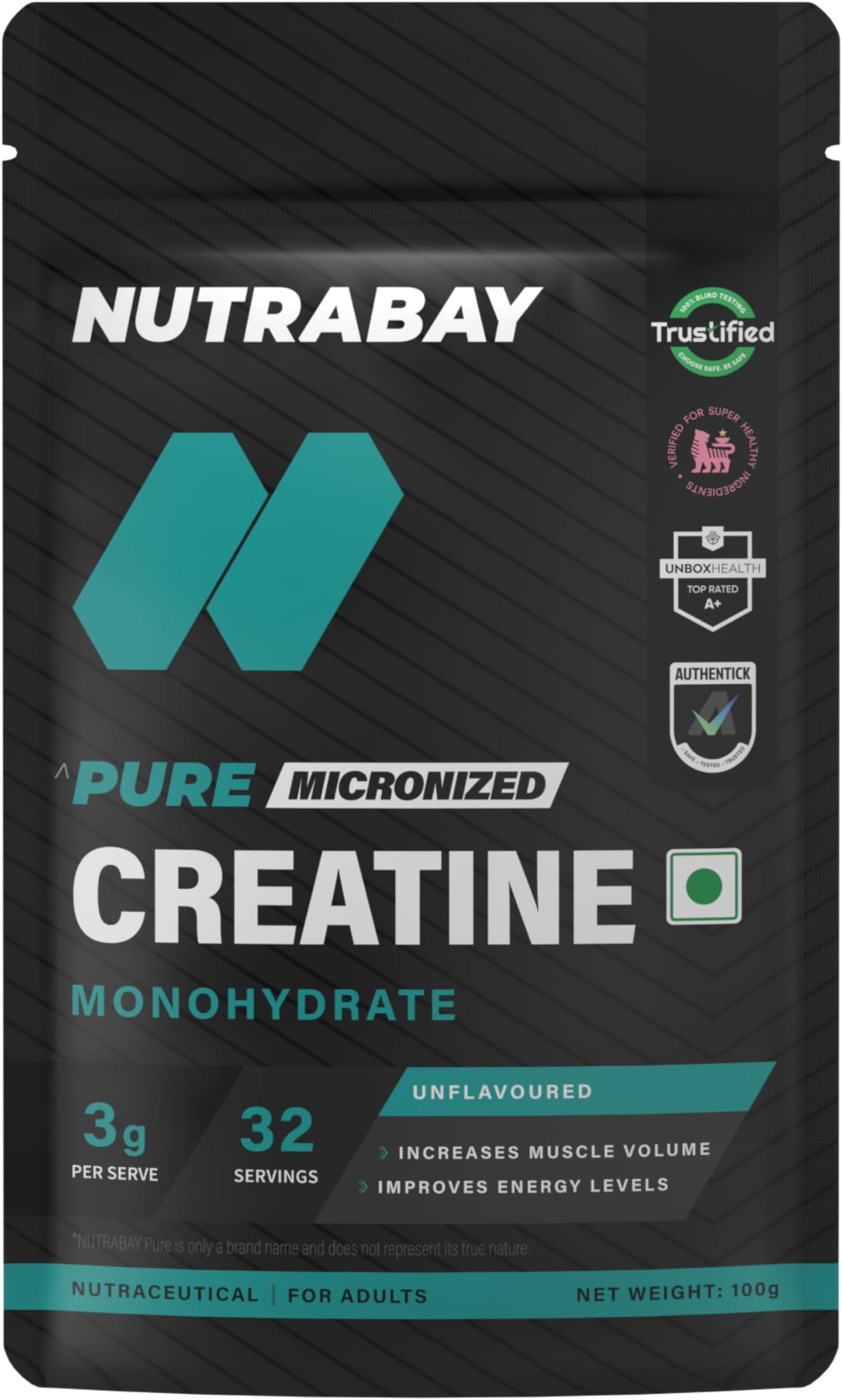 Nutrabay Pure Micronised Creatine Monohydrate Powder, (100g, Unflavoured), Pre/Post Workout Supplement for Muscle Repair & Recovery | Supports Athletic Performance & Power