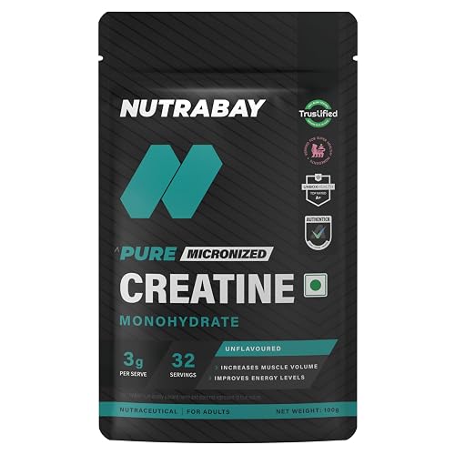 Nutrabay Pure Micronised Creatine Monohydrate Powder 3000 mg/Serving – Pre/Post Workout Supplement for Muscle Gain & Recovery |33 Servings – 100g, Unflavoured | Trustified Certified | 100% Authentic