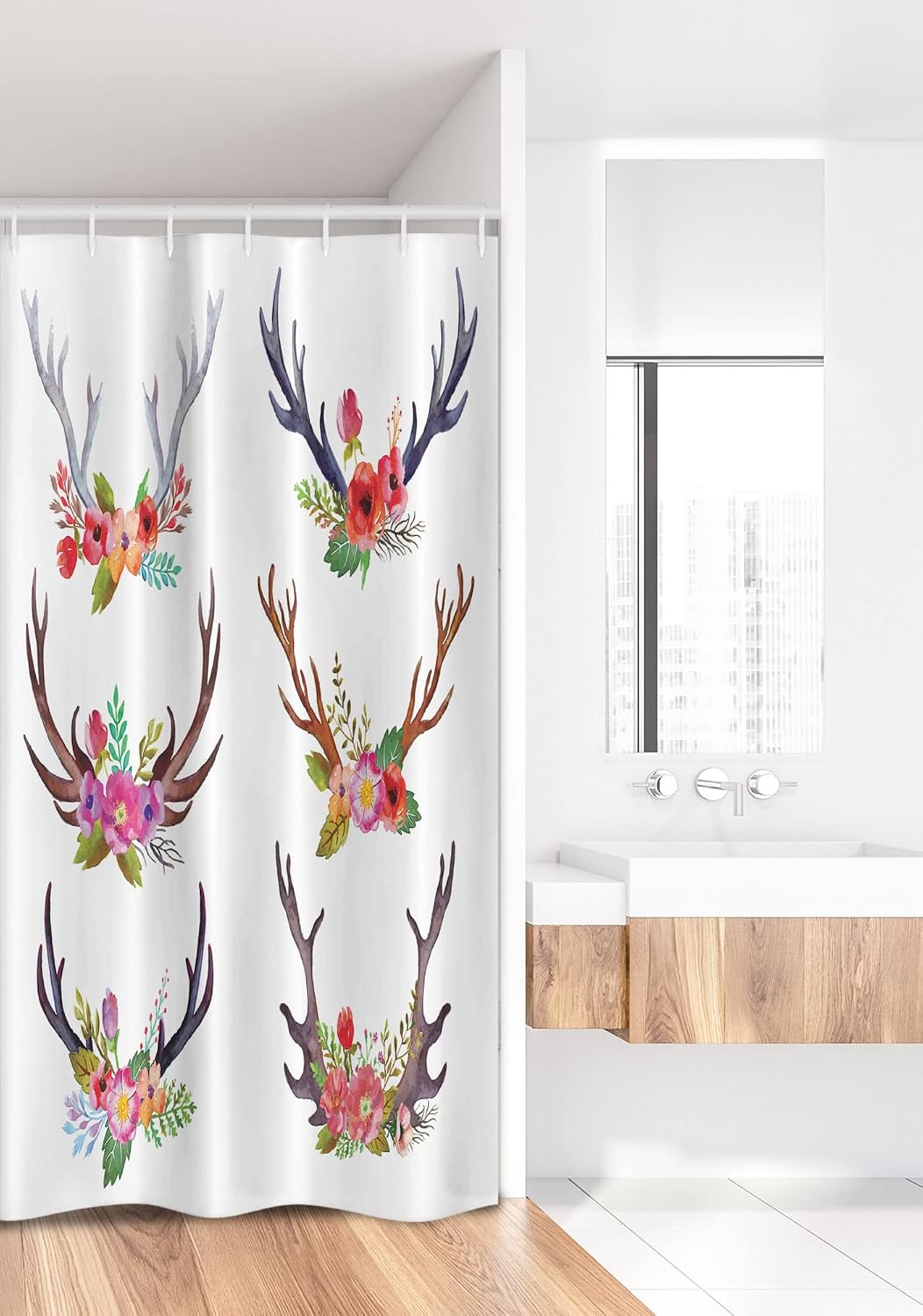 Ambesonne Antlers Stall Shower Curtain, Deer Horns Bouquet Flowers Bloom Fun Springtime Garden Branches Work of Art Print, Fabric Bathroom Decor Set with Hooks, 36" W x 72" L, White Plum Jade Green