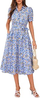 GRACE KARIN Floral Wedding Guest Dress for Women 2026 Cotton Puff Sleeve Midi Shirt Sundresses Fashion Clothes with Pockets