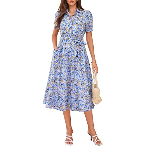 GRACE KARIN Floral Wedding Guest Dress for Women 2026 Cotton Puff Sleeve Midi Shirt Sundresses Fashion Clothes with Pockets