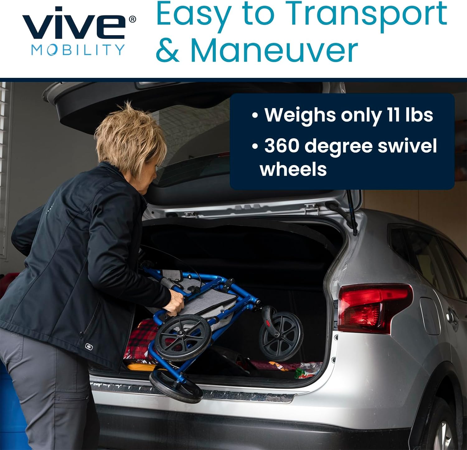 Woman placing a folded Vive Mobility 3 Wheel Walker into the trunk of a car, demonstrating its ease of transport.
