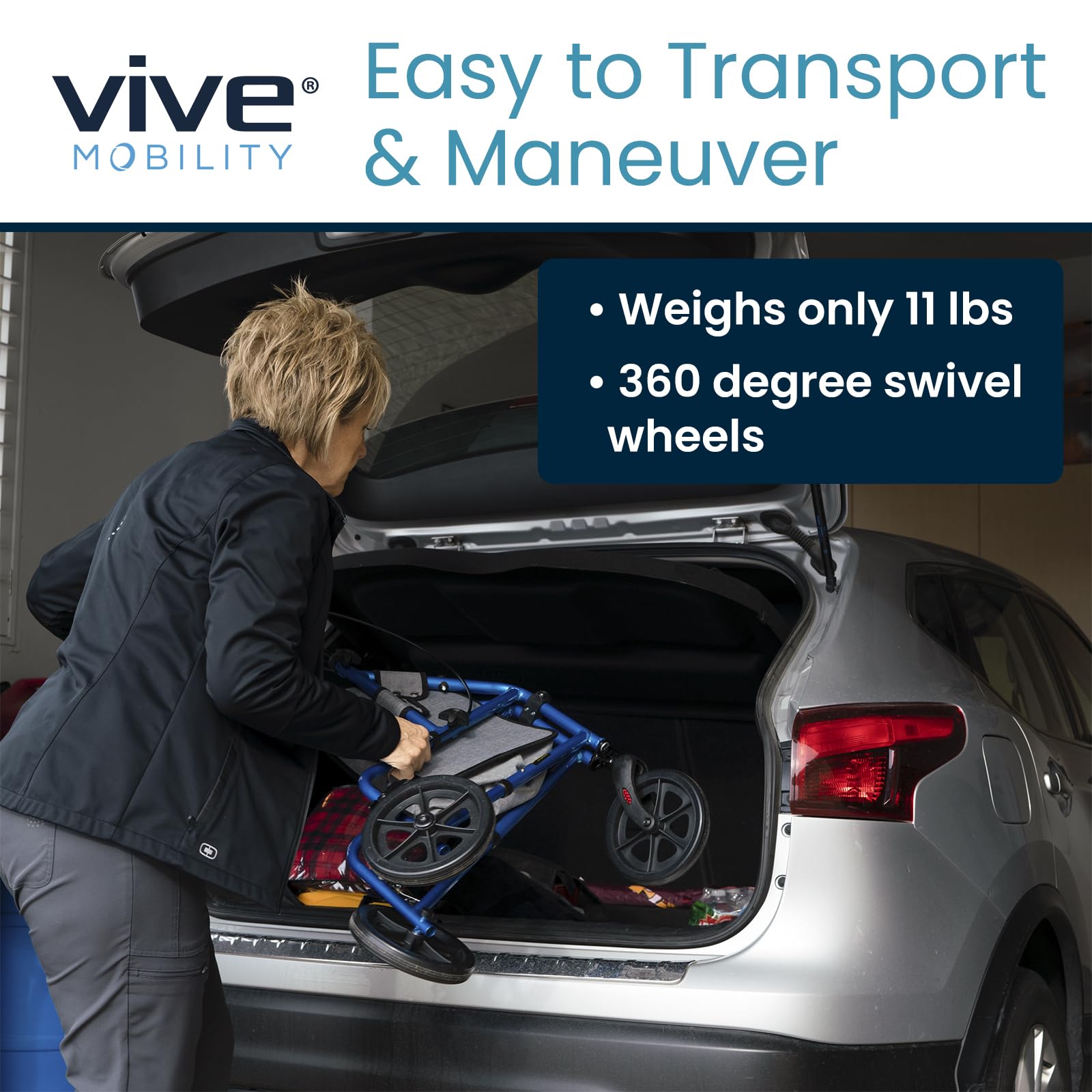 Vive Mobility Andador con ruedas de 3 ruedas, ligero y plegable para personas mayores, hombres y mujeres, plegable, resistente, de tres ruedas, para uso en interiores y exteriores (azul)