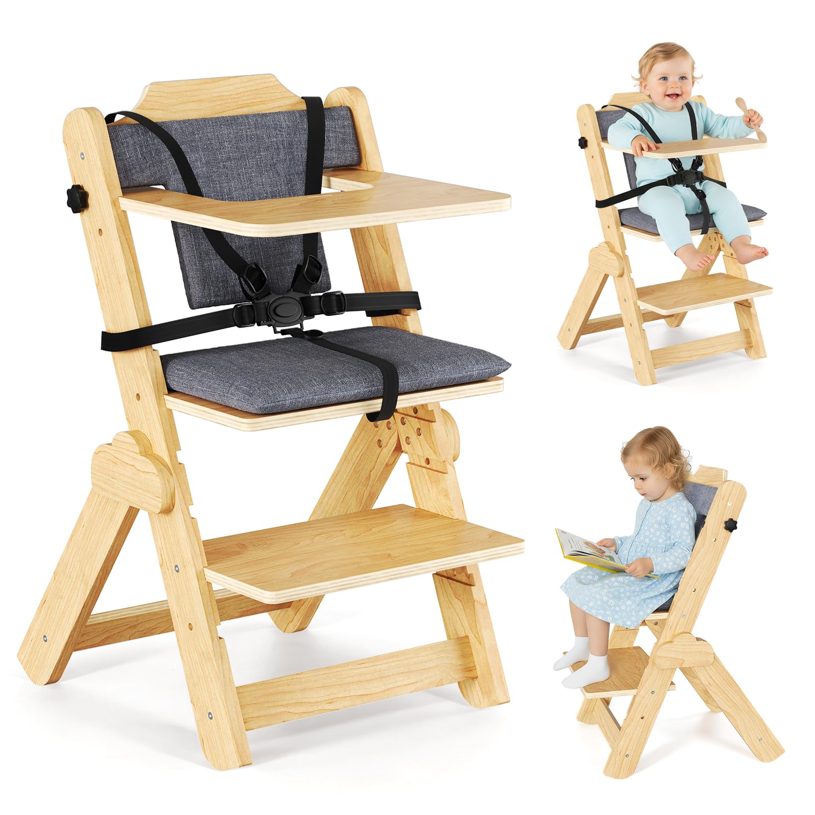 Hochstuhl Baby Massivholz - Kinderhochstuhl mit Sitzkissen, Zusammenklappbarer Baby-Essstuhl für Säuglinge ab 6 Monaten bis zu 25 kg mit Fünf-Punkt-Sicherheitsgurt und Essbrett