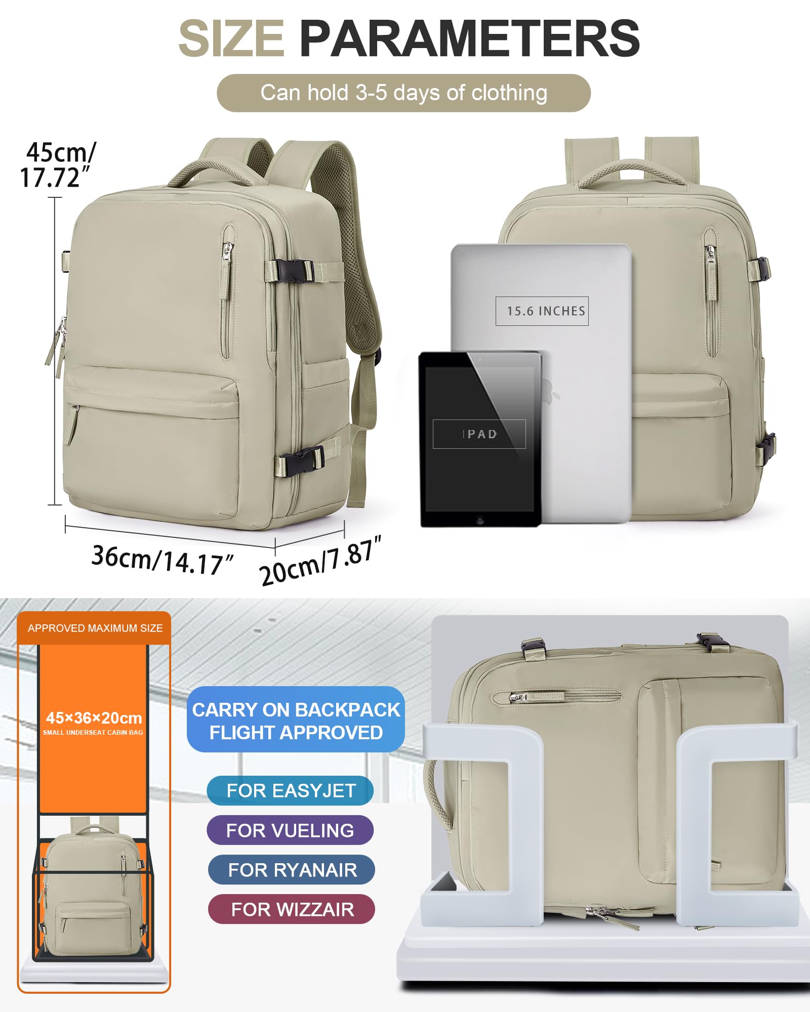 BJLFS Borse da Cabina per Ryanair 40×20×25 Bagaglio a Mano Easyjet 45×36×20 Borsa Zaino da Viaggio, Zaino da trekking,Zaino Casual per laptop da 14 pollici per scuola