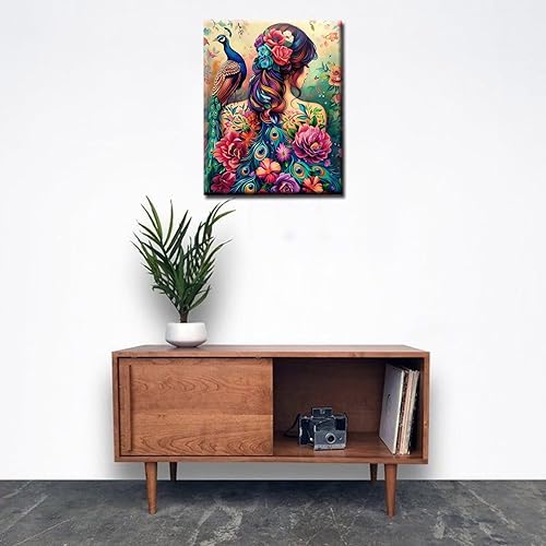 Miniatura 3 de Pintura por números para adultos principiantes, flores, pavo real y niña, pintura por números sobre lienzo, fácil de pintar para principiantes con