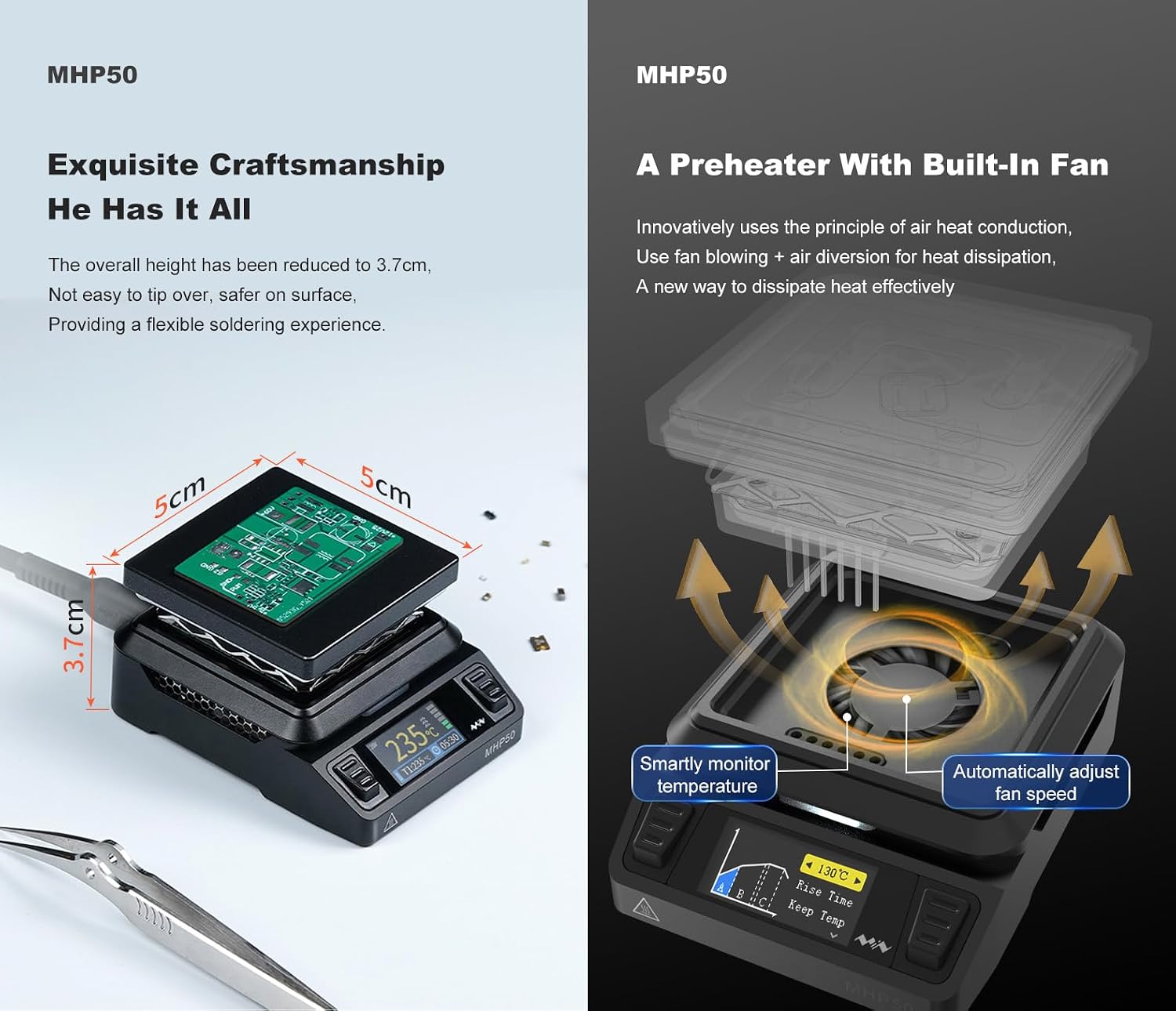 Mini Hot Plate Preheater Soldering Station MHP50 Portable Smart Constant 100-350°C Heater Platform 50mm Heating Area Original Welding Tool (AL50-Silver) image 2