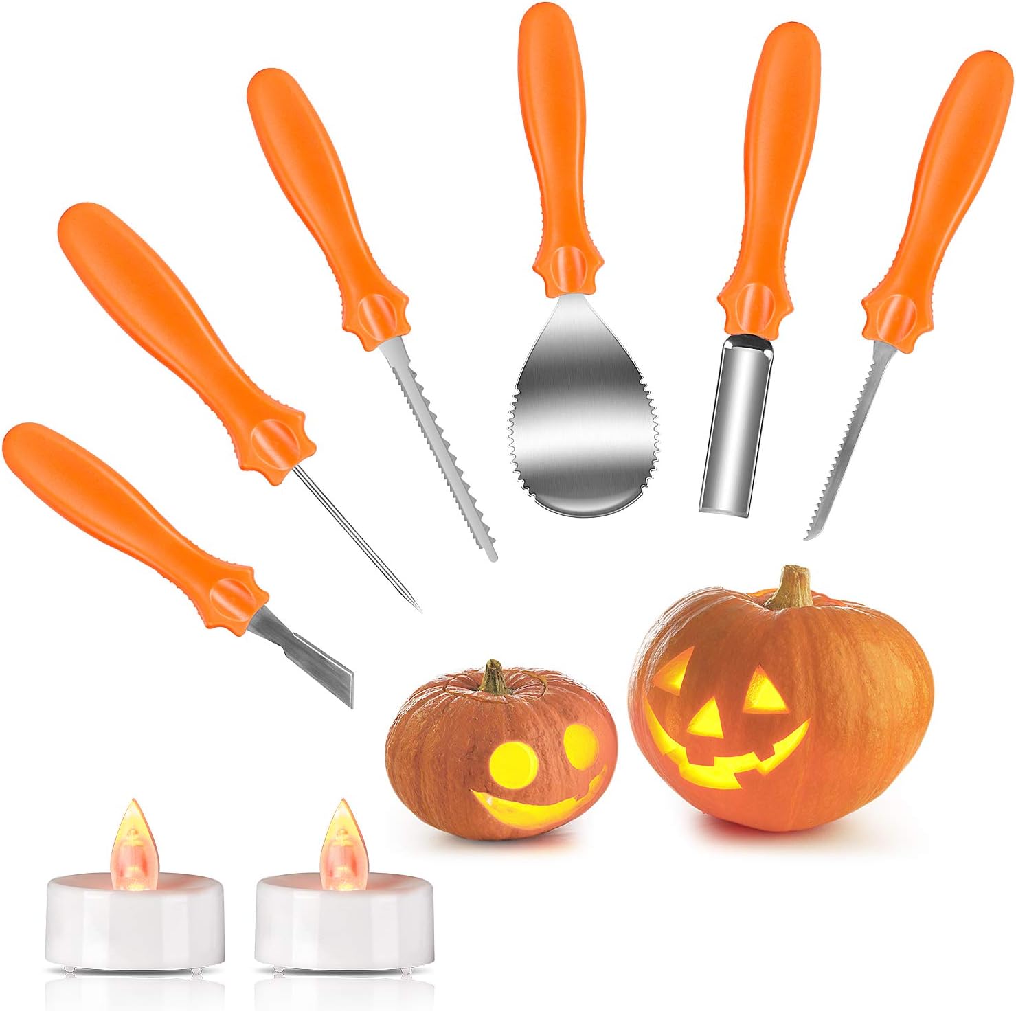 Halloween Pumpkin Carving Kit, Joyjoz Pumpkin Carving Tools Sets with 2 Pumpkin LED Lights, Professional and Heavy Duty Stainless Steel, Sturdy Sculpting Jack-O-Lanter Knife Set