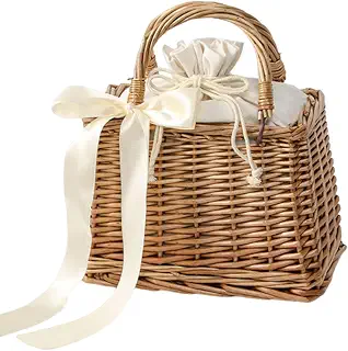 Woven Rattan Tote Bag - Straw Beach Bag with Ribbon Pearl Embellishment | Stylish Summer Vacation Purse | Artificial Wicker, for S