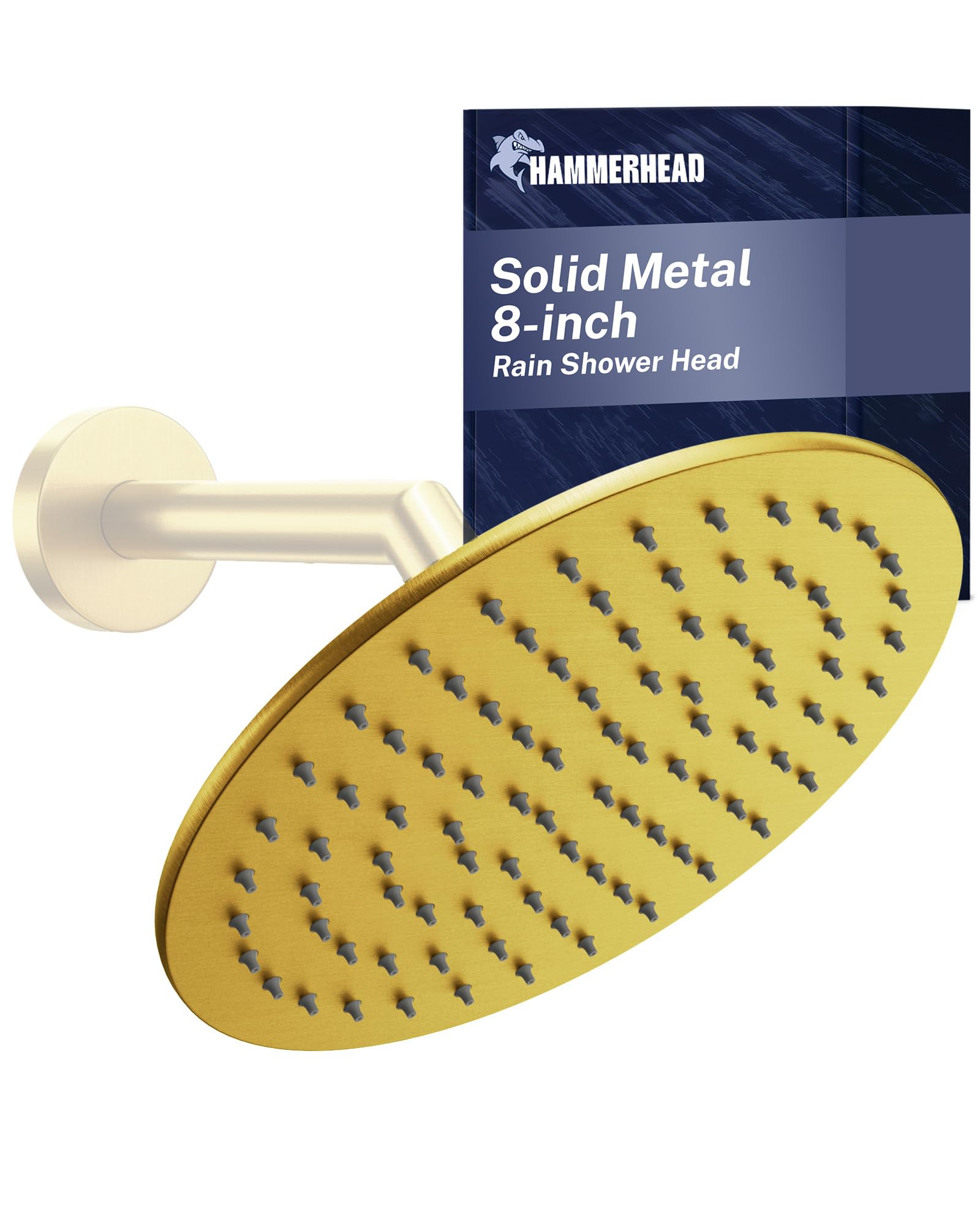 Hammerhead Showers Brushed Gold All Metal 8 Inch Rainfall Head – - Head Rainfall - 2.5 Gpm High Flow Head Optimized For Pressure – Large Round Rain Heads - Wall, Overhead, Or Ceiling Mount