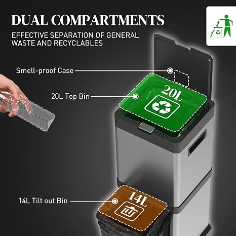 HOMCOM Dual Kitchen Bin, 20+14L Double Bin for Recycling and Waste, Stainless Steel Vertical Pedal with Tilt Out, Soft-Close Lid, Removable Inner Buckets and Handles, Silver
