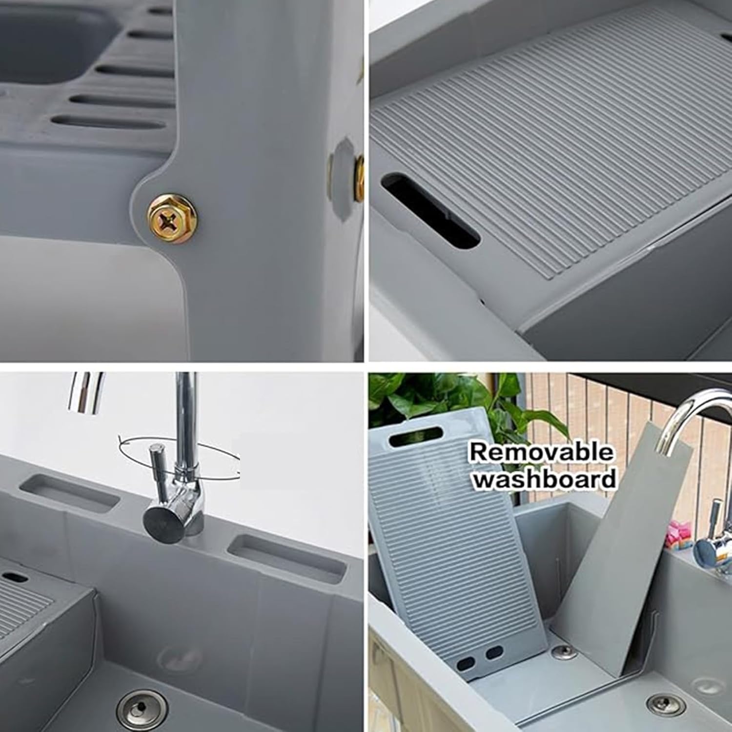 Freestanding Laundry Sinks with Scrubbers Utility Sink Portable Plastic Outdoor Laundry Cleaning Basins for Garden Garage Basement(Brown)