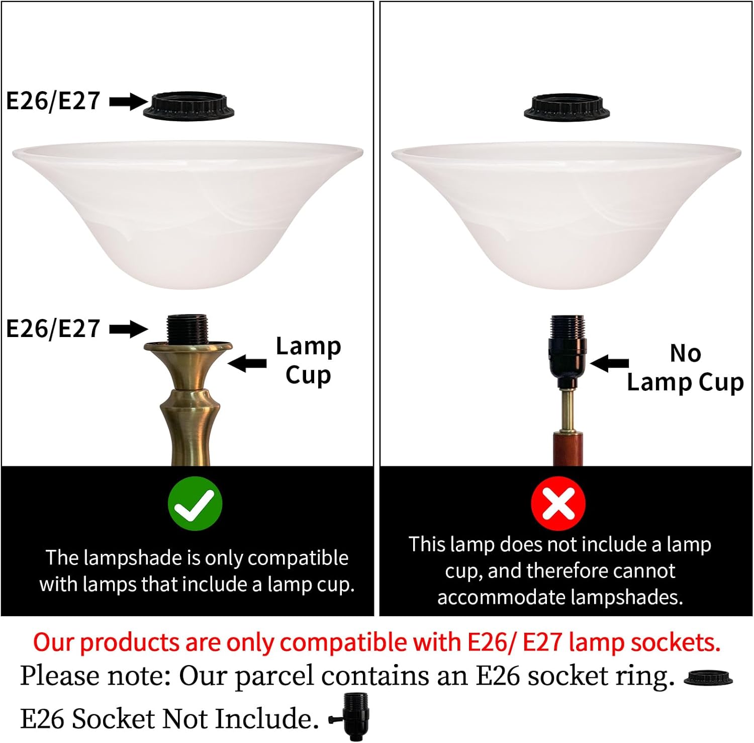 Glass Lamp Shade Replacement for Torchiere Floor Lamps, Lamp Shade for Floor Lamp Suitable for E26 Socket, Standing Lamp Replacement Shade, Alabaster Glass Bowl Shade, E26 Socket Not Include(White) White Alabaster